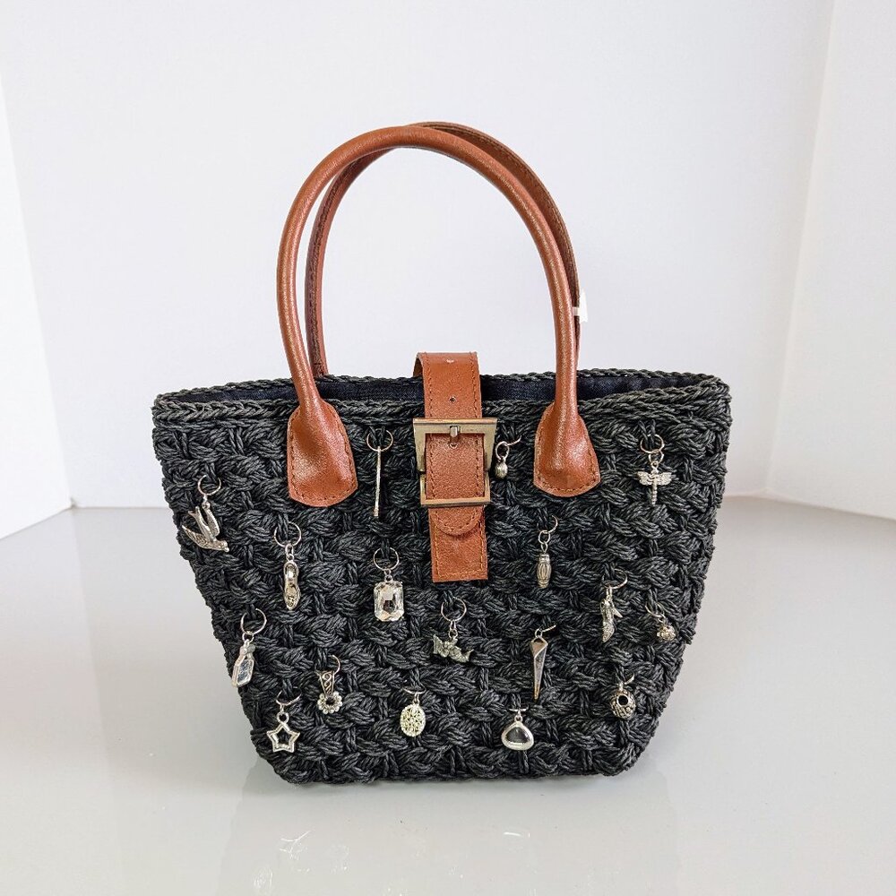 Vintage Black Woven Crossbody Bag Upcycled Jewelry Charms Double Handle Snap